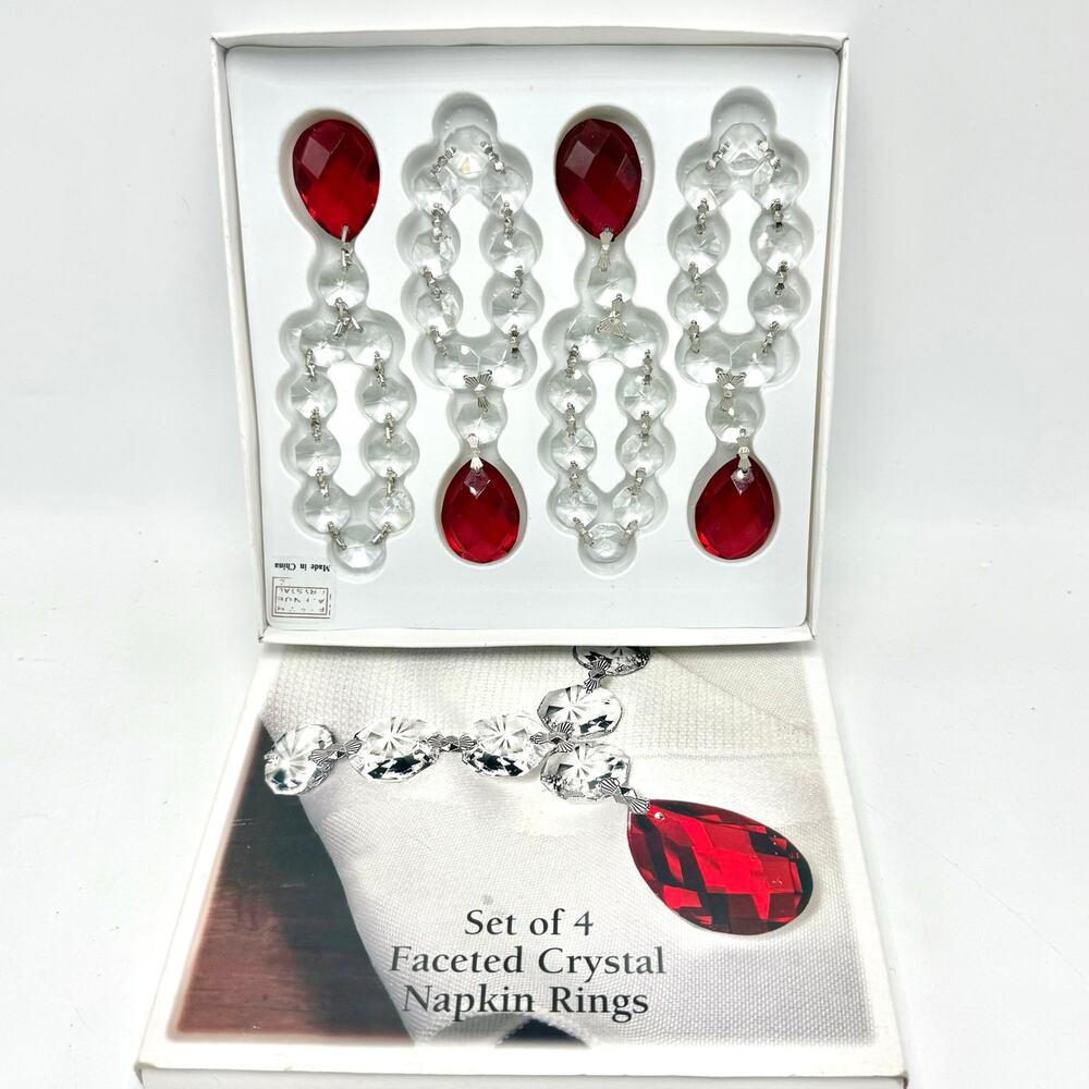 Vintage Fifth Avenue Faceted Crystal Napkin Rings Set 4 Clear Ruby Red Teardrop